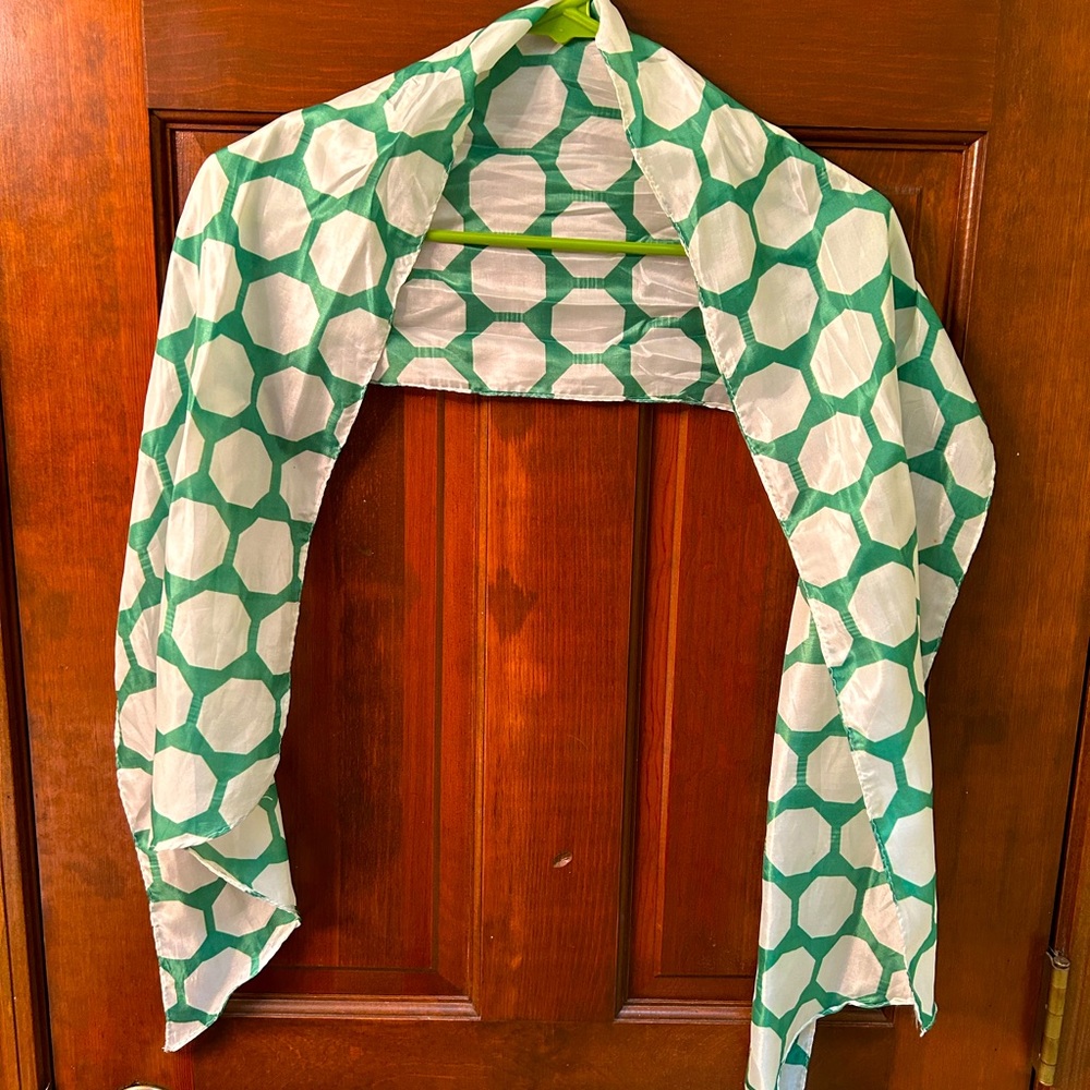 CLEARANCE 💜2 for 5 Pre-loved Poly blend bright green and white oblong scarf.